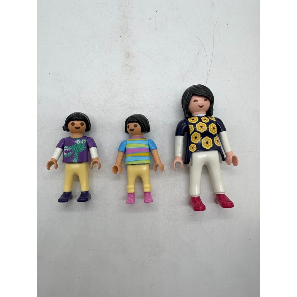 Playmobil Family Figure Lot Woman in Flower Top & 2 Children Dino/Striped Shirt